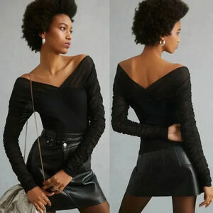 Anthropologie Maeve Shirred Mesh Top in Black Size XXS NWT $78